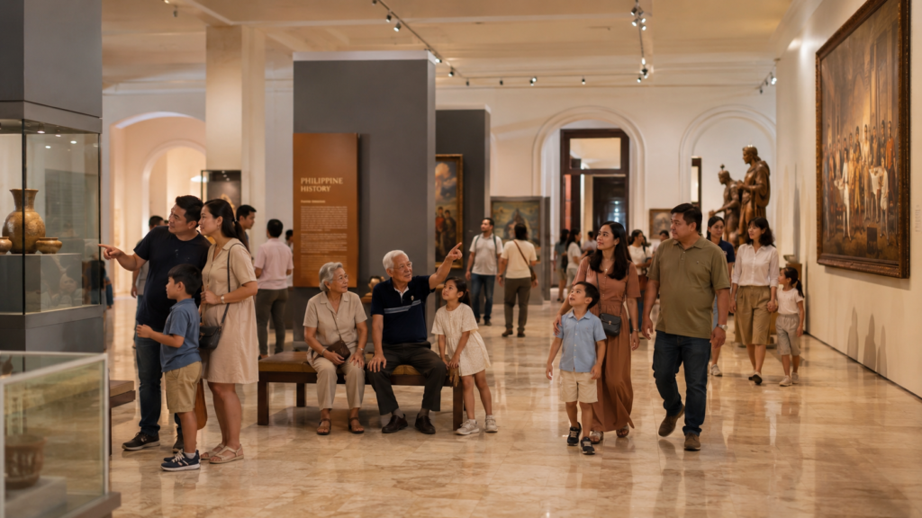 Families exploring a museum gallery together
