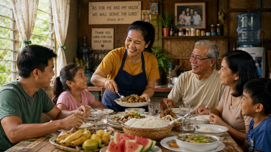 Filipino mother preparing and serving a home-cooked family meal in a traditional Philippine kitchen while family members gather around the dining table.