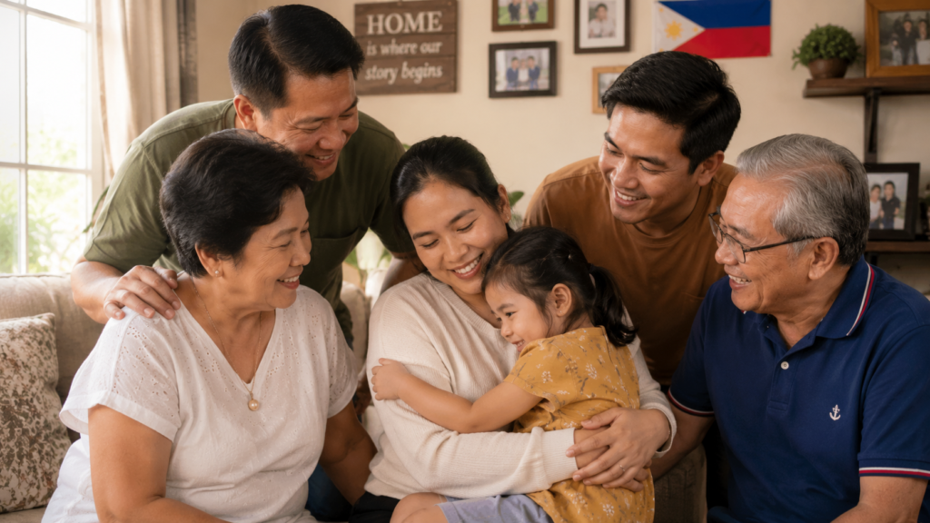 Multigenerational Filipino family gathered together at home with a mother holding her child while connecting with an overseas family member through a video call on Mother’s Day.