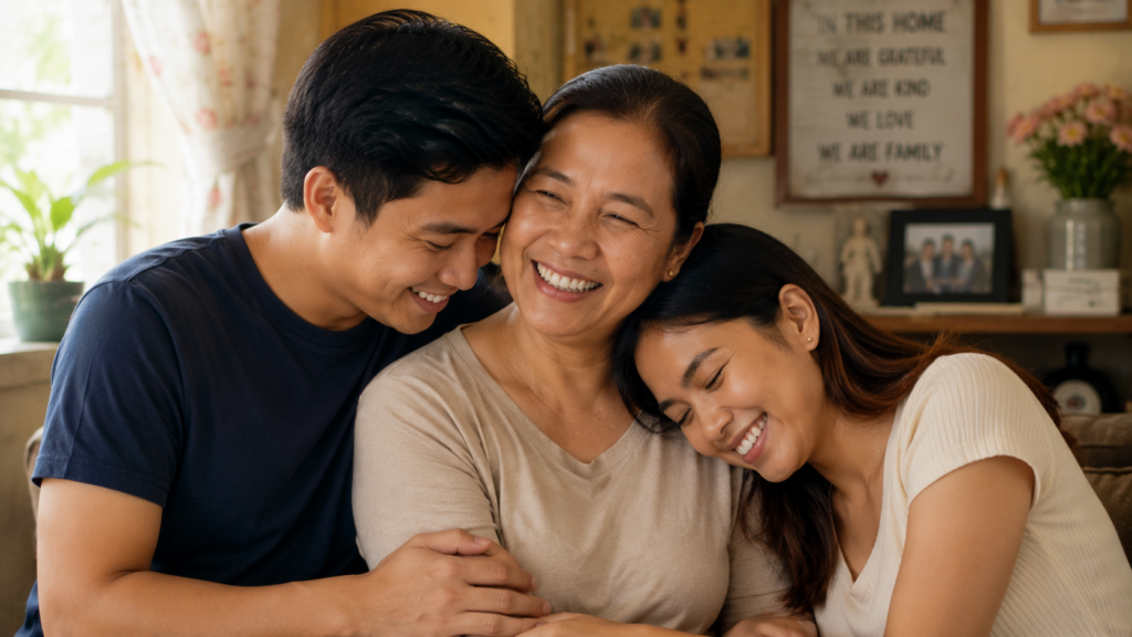 Filipino mother smiling warmly while sharing an emotional family moment with her children inside a cozy home during Mother’s Day.