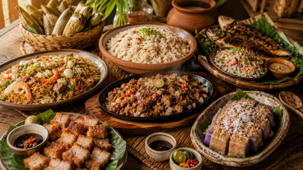 Authentic Kapampangan dishes including sizzling pork sisig, bringhe rice, pancit luglug, lechon kawali, tamales Kapampangan, buro with grilled fish, and tibok-tibok dessert arranged on a rustic Filipino dining table.