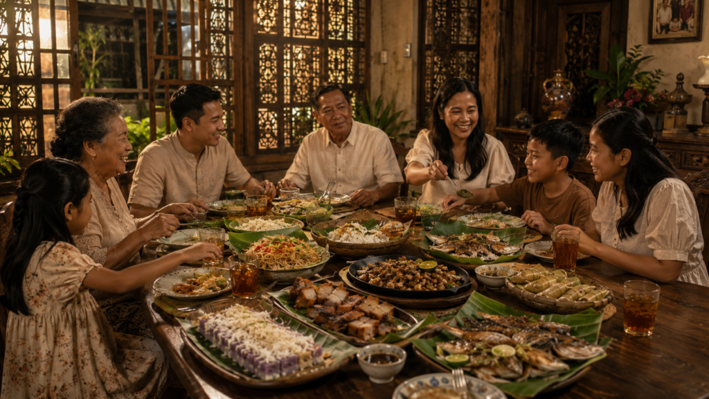 Multigenerational Kapampangan family gathered around a long dining table after a traditional Filipino feast inside a warm ancestral Pampanga home.