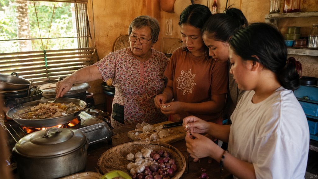 Elderly Kapampangan grandmother teaching younger family members how to cook traditional Filipino food in a warm rustic kitchen in Pampanga