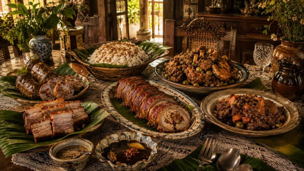 Traditional Kapampangan dishes including morcon, mechado, embutido, bringhe, and asado served on rustic heirloom platters inside a vintage Pampanga ancestral house.