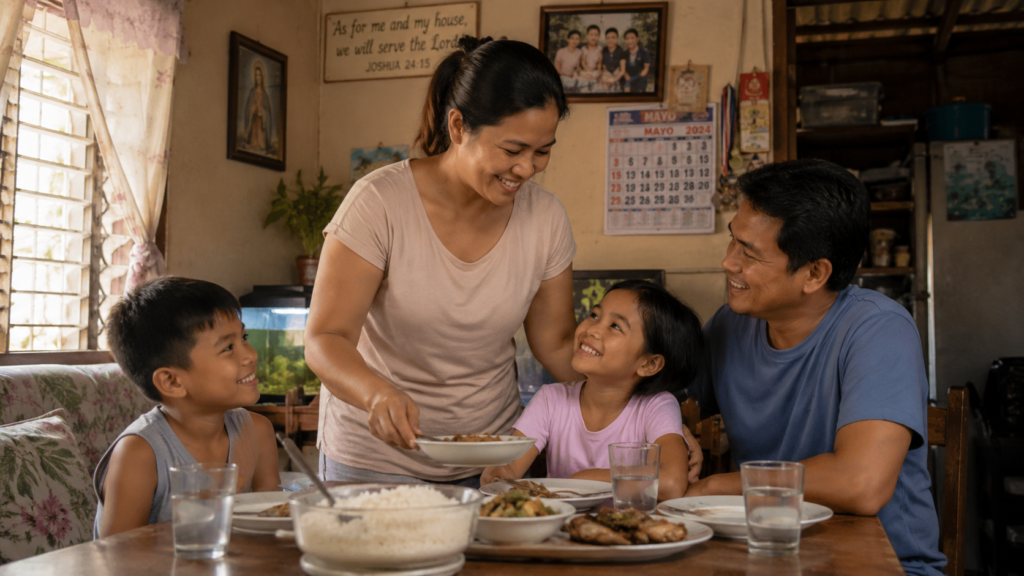 Filipino mother serving food to her family inside a traditional Philippine home during dinner, showing love, sacrifice, and family care on Mother’s Day.
