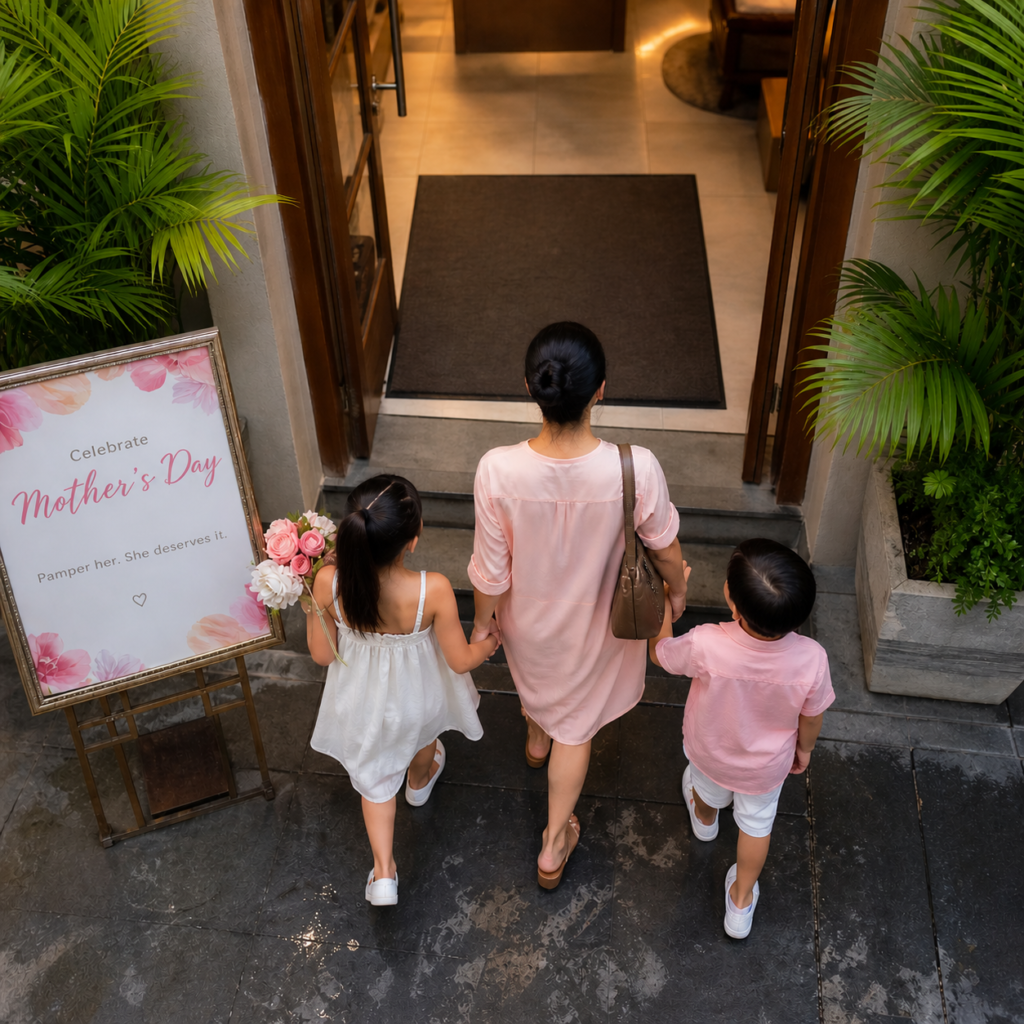 Mother with two children entering a spa for a Mother’s Day treat in Pampanga