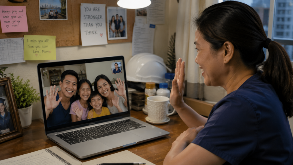 Overseas Filipino mother video calling her family from abroad while smiling at her children and loved ones during an online family conversation.