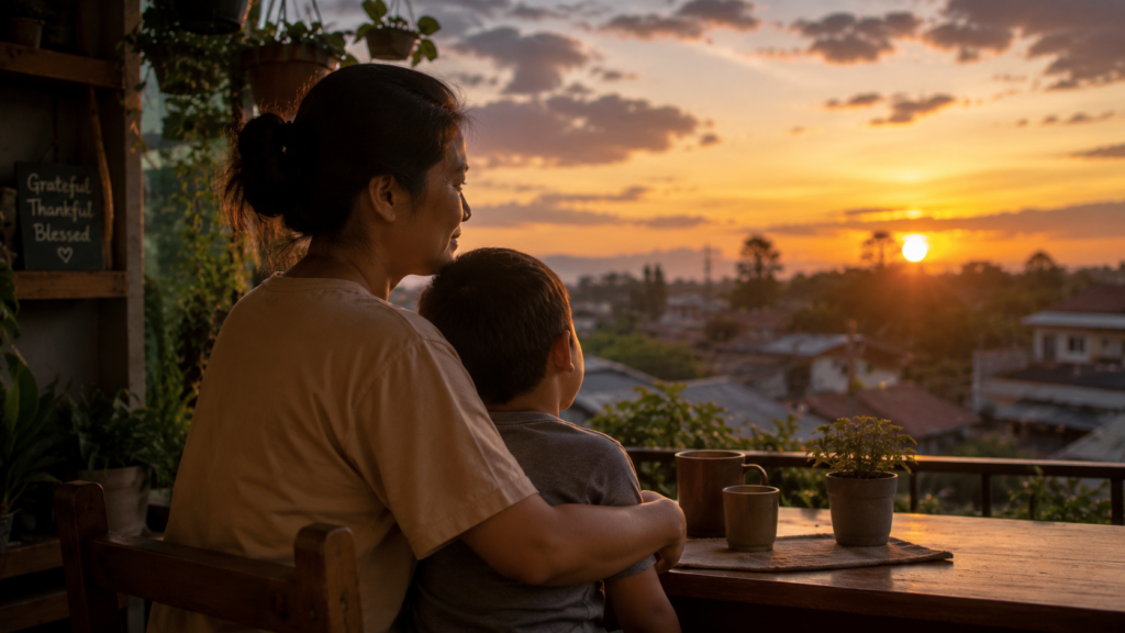 Filipino mother and child sharing a quiet sunset moment together over coffee on a balcony, reflecting warmth, connection, and family presence during Mother’s Day.