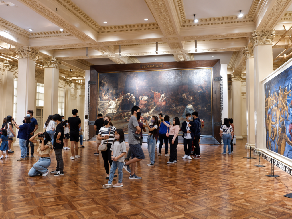 Visitors inside the National Museum of Fine Arts viewing the Spoliarium and other artworks